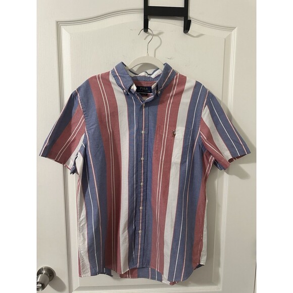Polo Ralph Lauren Striped Oxford Shirt Mens Large Classic Fit Blue Red White - Picture 1 of 8